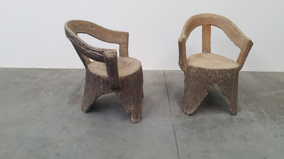 Image 1 of Vintage faux wood cement garden set 4 chairs/table Brutalist 60s France