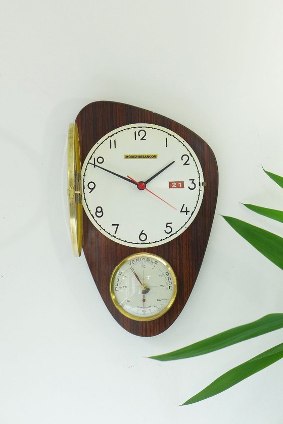 Vintage Wall Clock French Clock with Barometer 60s Retro Space Age Atomic, Morez-Besançon, Wood, Metal, Brown (photo 3 of 9)