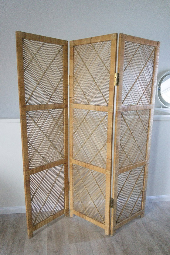 Image 1 of Paravento/divisorio pieghevole vintage bohémien in rattan naturale "Rotan" a 3 pannelli, anni '60/'70