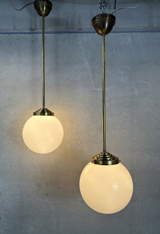2x lámpara colgante art déco de opalina y latón