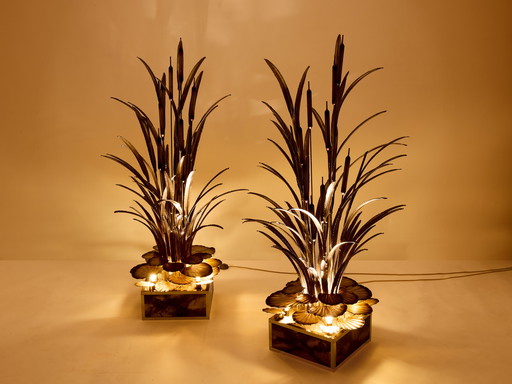 Maison Jansen Pair of Brass Reeds Water Lilies Floor Lamps 1970s