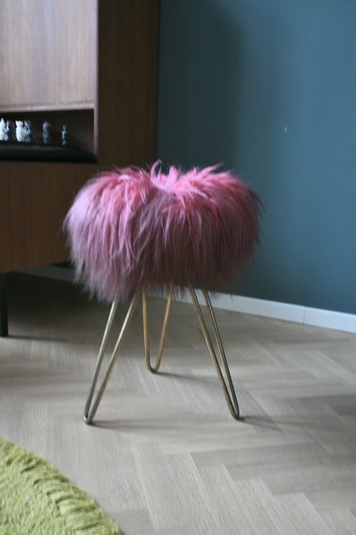 Sgabello vintage rosa a forcina/Flokati