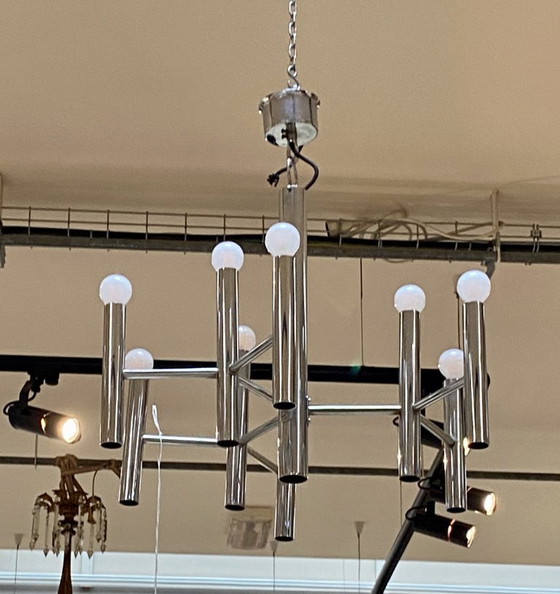 Lustre vintage chromé à 3 triple bras de lumière, attribué à Gaetano Sciolari – Metal, Chrome (photo 4 of 7)