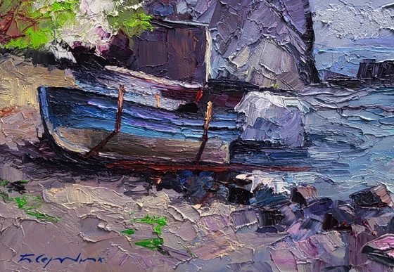 Original Oil Painting Seashore Rocks Boat On The Shore Calm Of A Sea Morning – Paintings & Drawings, Canvas (photo 6 of 7)