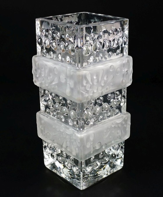 Image 1 of mid century modern GLASS VASE, block vase, textured surface, relief decoration, clear glass, satin glass
