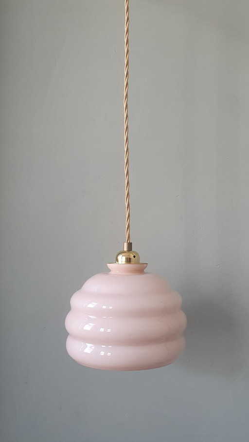 Lampada a sospensione vintage Art Déco in opale rosa tenue