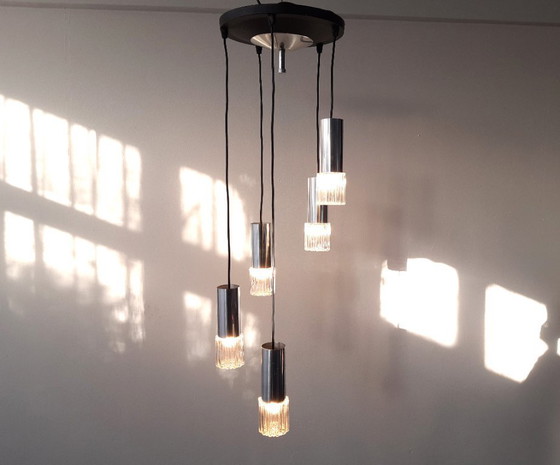 Image 1 of Vintage cascade pendant lamp with 5 transparent glass bubble glass cups, mcm glass chrome chandelier