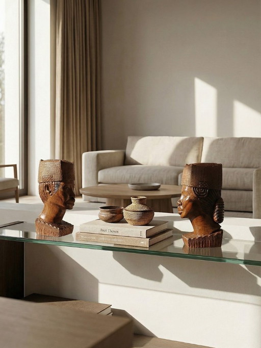 Couple de bustes Malgaches bois exotique sculpté artisanat années 60-70