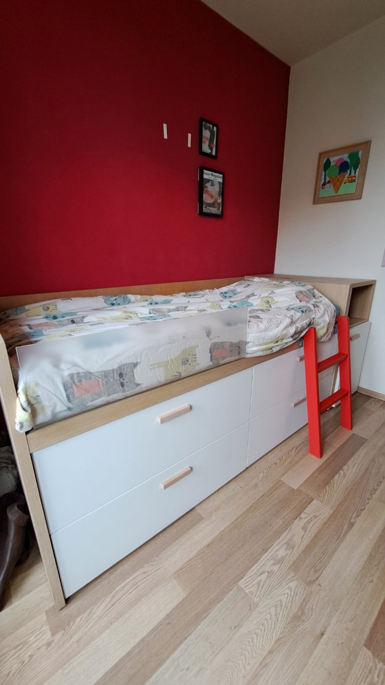 Single bed with storage drawers and matching elevated bedside table, white and light wood, Dearkids, Mdf (photo 3 of 9)
