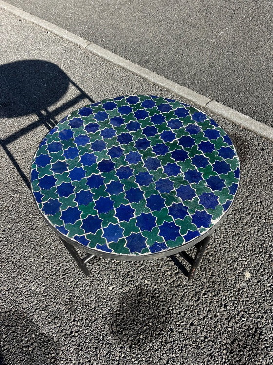 Moroccan Zellige Coffee Table, Blue Green Mosaic Table, Handmade Round Tile Side Table, Moorish Star Decor, (photo 5 of 6)