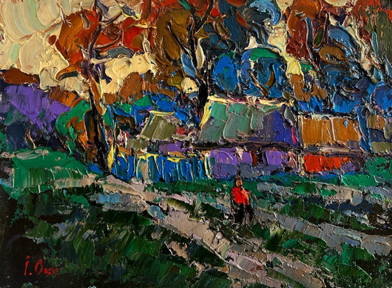 Image 1 of Original Oil Painting Sunset Village Landscape Cool wind in the evening