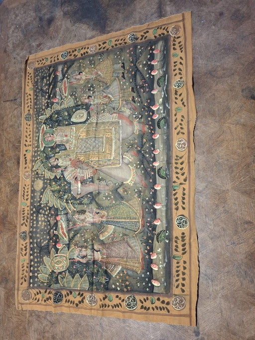Vintage Wandbehang Indien - 54x68 cm - Handgemalt - Maharadscha auf Elefant - Textilstempel Indien I