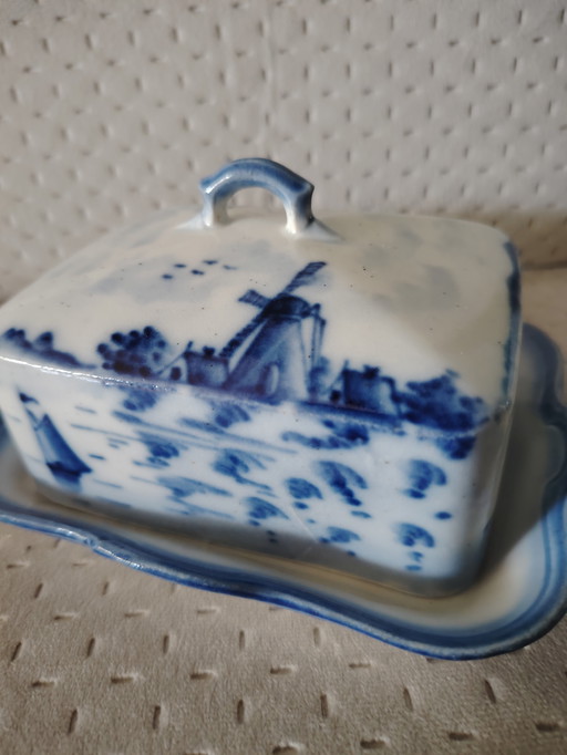 Delft antike Butterdose Blau handbemalt Holland Niederlande Landschaft 
