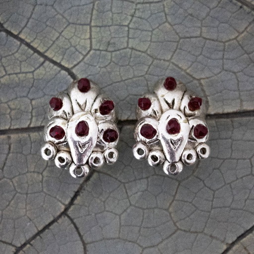 Vintage Remy Dis Paris Clip Earrings, Silver-colored Metal & Red Stones