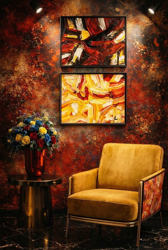 Image 1 of Exclusive Pendant by Maestro DE LUTTI (Informale Materico/Materic Informalism), "Colorado" and "Di Rosa", oil on canvas board