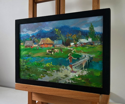 Original Oil Painting Summer Village Landscape Cows grazing peacefully by the river