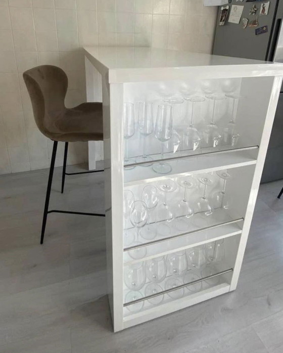 Image 1 of White high-gloss bar table kitchen wine rack or glass rack and with two taupe bar stools