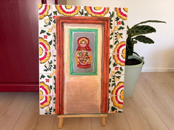 Image 1 of Uniek Handgeschilderd Matroesjka Doll Schilderij - 40x50 cm