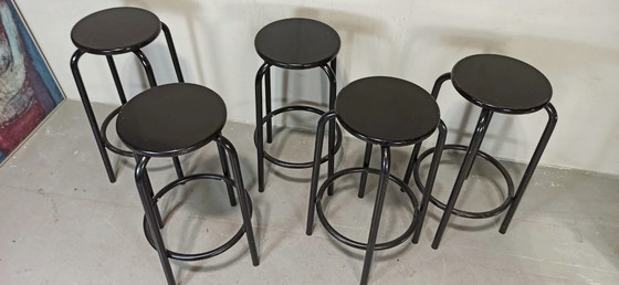 Image 1 of 5 x vintage black round bar stools 