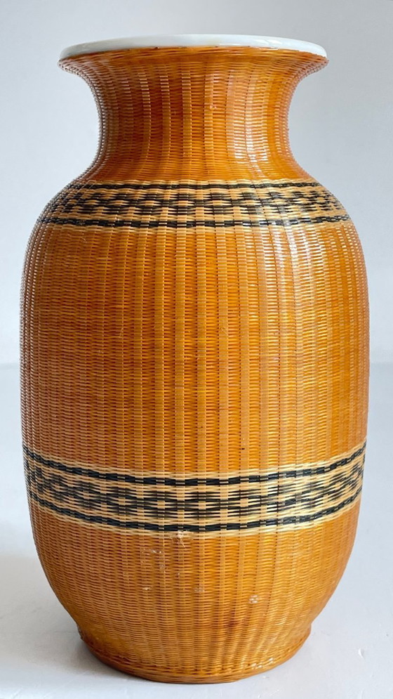 Image 1 of Vintage Woven Bamboo and Fine Porcelain Vase