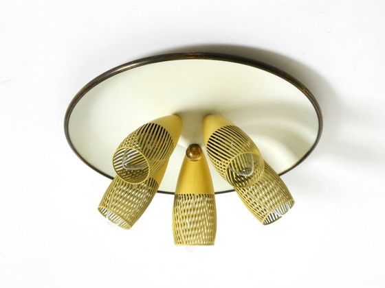 Image 1 of Very rare 5-arm mid-century modern metal bag ceiling lamp with round white reflector