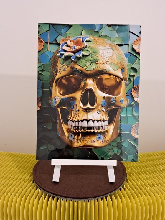 Image 1 of DEAD HEAD - Green Gold Flower Skull - Aluminum Print