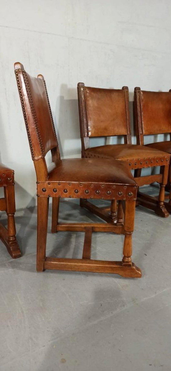 Image 1 of 6 x vintage  Spanish solid wood and leather dining chairs