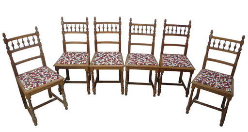 6 sedie antiche in stile guglielmino in rovere naturale + nuovo tessuto di rivestimento in stile mosaico colorato