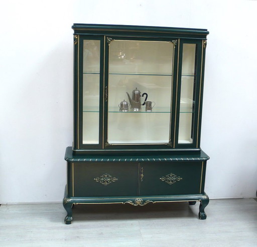 Vitrinenschrank Viktorianischer Stil 1920er Moosgrün + Cremeweiß, Vollholz – vitrinekasten, Wood, Glass