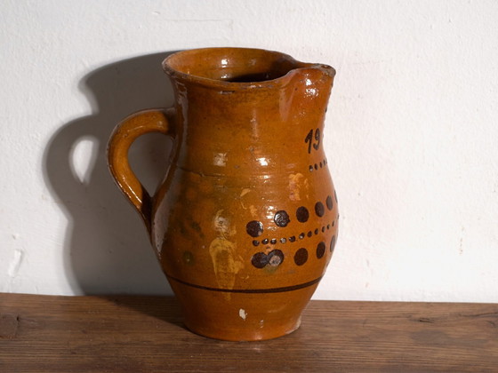 Antiker volkstümlicher glasierter Keramikkrug – Mitteleuropa, 1974 – Geschirr, Rustic (photo 32 of 40)