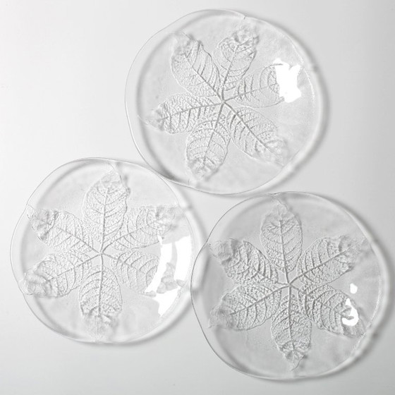 Image 1 of Set van 3 vintage Kosta Boda glazen dinerborden / Scandinavisch bladmotief / 1975