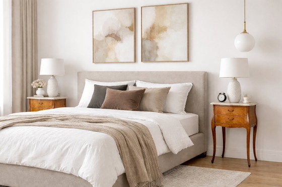 Image 1 of Paar Nachttische im Stil Louis XV mit Marmorplatte und Walnussintarsien