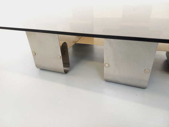 Image 1 of Large rectangular coffee table by François Monnet, vintage Space Age style, in steel and smoked glass from the 1970s