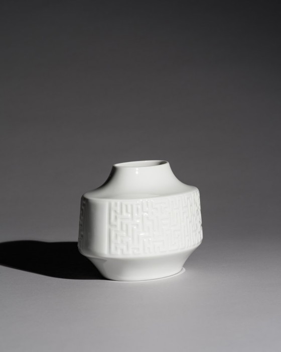 Image 1 of Heinrich Porcelain Vase “Labyrinth” White Relief Porcelain H&C Selb Bavaria 1960