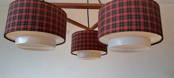 Image 1 of Vintage 1970s Ceiling Lamp | Scandinavian Retro Pendant Light with Teak & Checkered Shades