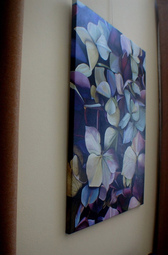 Image 1 of Realistic Hydrangea Painting: Moody Purple Blue Floral Wall Art, Detailed Flower Botanical Decor