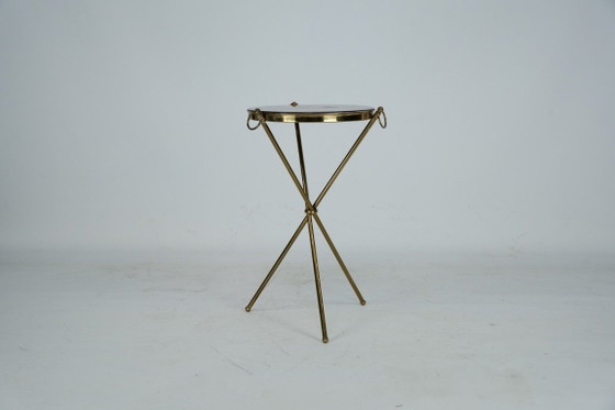 Image 1 of Small Italian brass and wood tripod coffee table from 50s