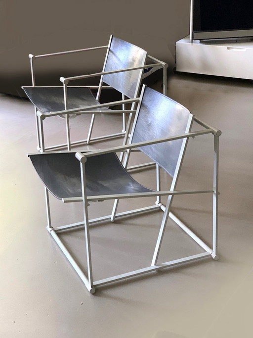 Juego de 2 sillas Cube Pastoe FM60 – Radboud van Beekum – Arnés de cuero gris – fauteuils, Leather, Metal