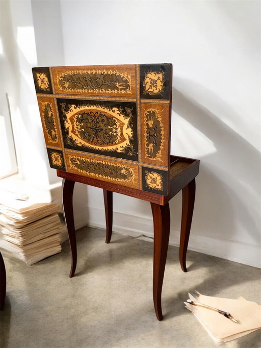 Vintage Italian wooden | side table | Swiss music box | jewelry table | Italian inlaid