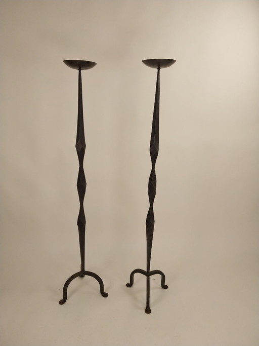 1x set of two large Brutalist wrought iron floor candle holders 1970s 155cm high