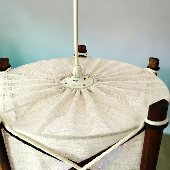 Image 1 of Nautical style Scandinavian wood and linen lampshade hanging lamp vintage