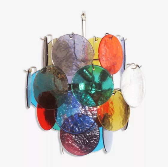 Image 1 of Pair of vintage Vistosi Murano glass chandeliers with 4 multicoloured lights, Italy 1980