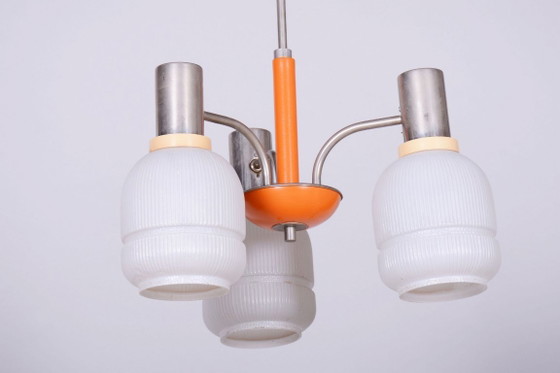 Restored Mid-Century Chandelier, by Drukov, Chromed Steel, Glass, Czech, 1970s – Metal (photo 2 of 11)