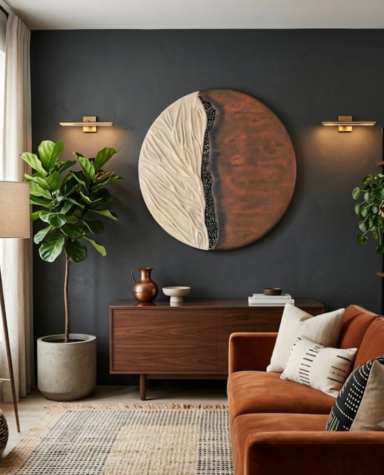 Image 1 of Celestial Duality" - 3D Textured Circle Wall Art, Copper & Plaster Relief Sculpture, Wabi Sabi Round Wall Decor