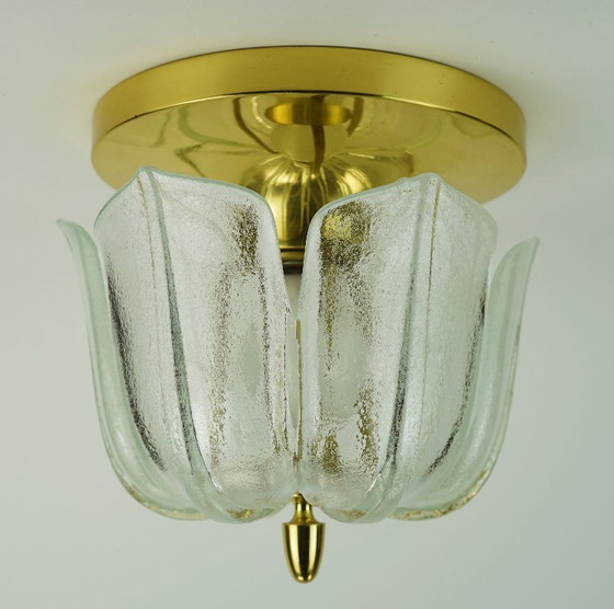 Image 1 of glashuette limburg CEILING LIGHT flush mount model A475 3031 flower-shaped glass shade and brass 1970s