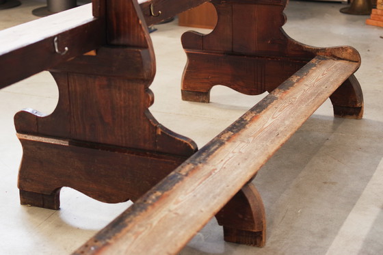 Image 1 of Antique Gothic Church Benches, Late 1800S - Set Of 4 Pine Wood Pew Benches