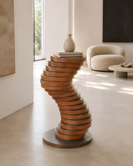 Sculpture transformable unique – Pièce maîtresse sculpturale en bois et métal – decoratieve objecten, rvs, Aluminium