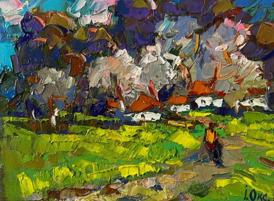 Image 1 of Original Oil Painting Day Village Landscape As the snow melts early spring comes