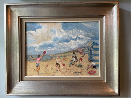 At the beach, original painting in oil, signed