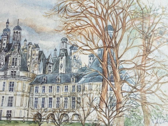 Image 1 of Mixed media, pencil, watercolor, Chambord Castle, art, France, painting, framed